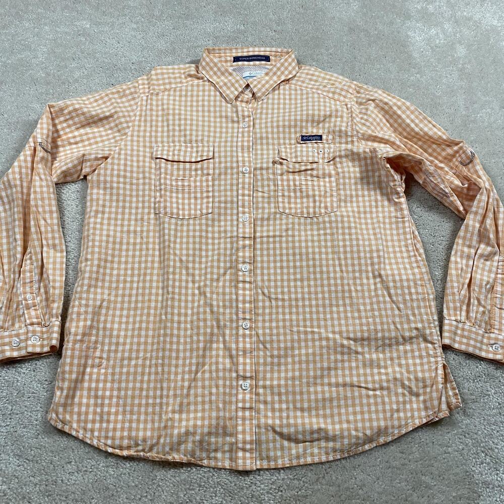 Columbia Super Bonehead Shirt Mens XL Orange Check Vented Fishing Button Up